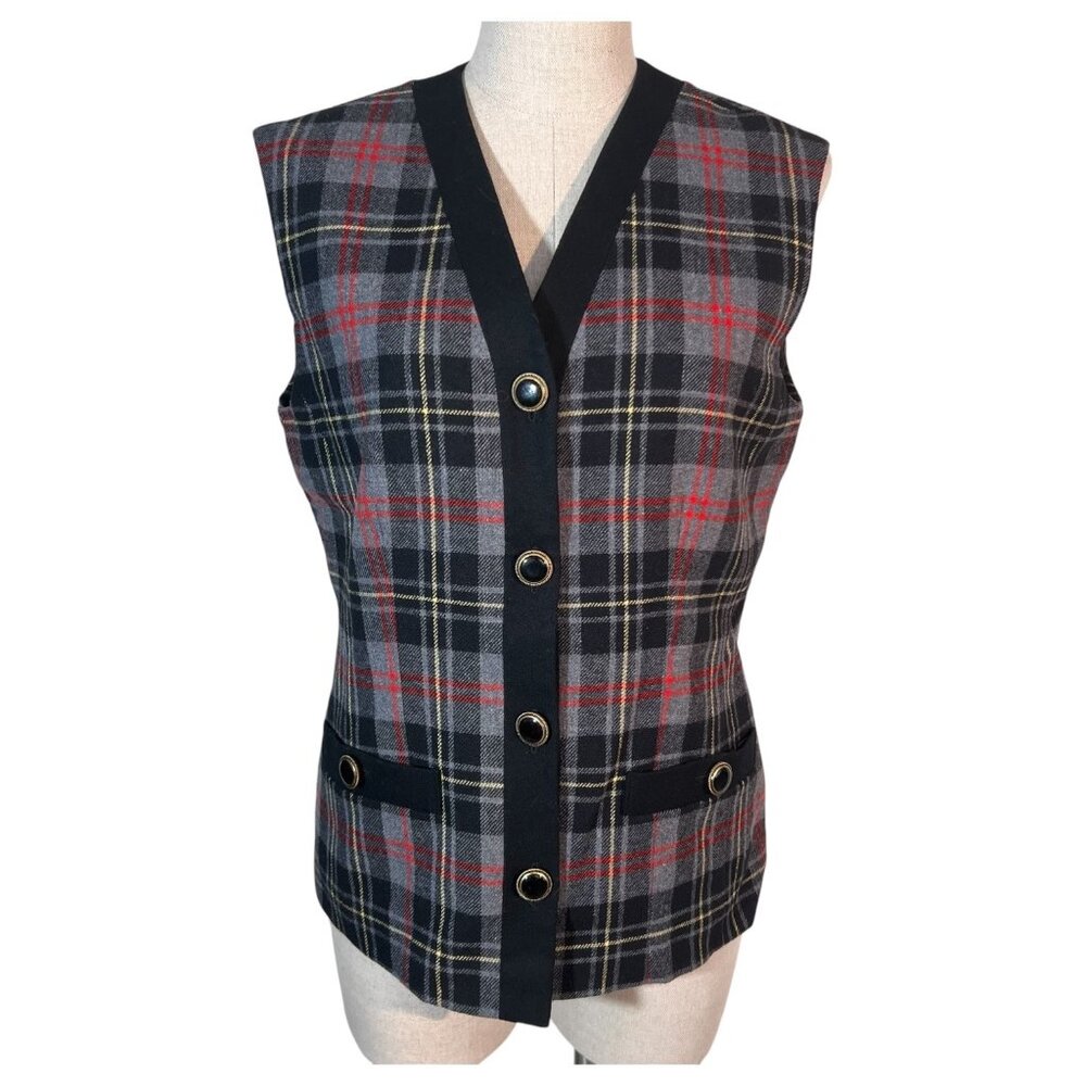 Vintage Pendleton Womens Tartan Gray Plaid Wool Vest Black Belvet Trim ‎ Size 6